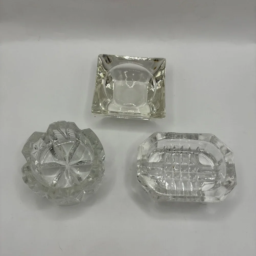 Vintage Clear Pressed Glass Salt Cellars Trinket Dishes Set 3 Starburst Square